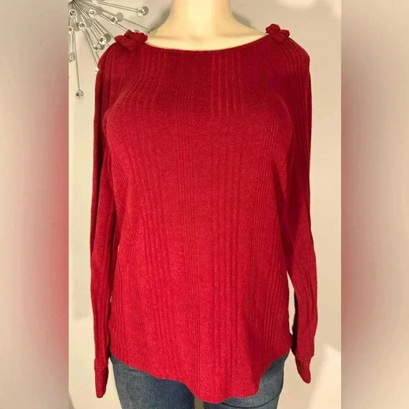 Wiholl Women’s Solid Raglan Long Sleeve Ribbed Ruffle Smocked Sweater - Picture 1 of 11